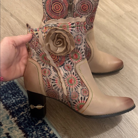 Floral Embroidered Heeled Boots in Beige and Pink - Picture 3 of 8